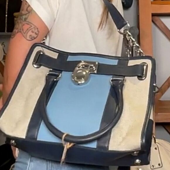 MK Michael Kors CENTER STRIPE COLOR BLOCK BLUE EAST WEST Hamilton SATCHEL PURSE - Picture 3 of 6